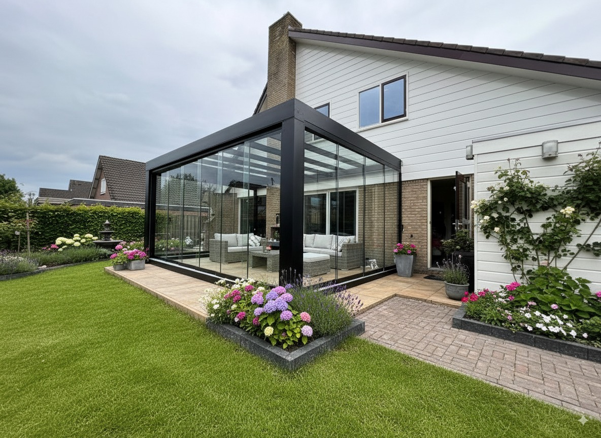 Modern glass cube veranda with black frame attached to contemporary home with garden