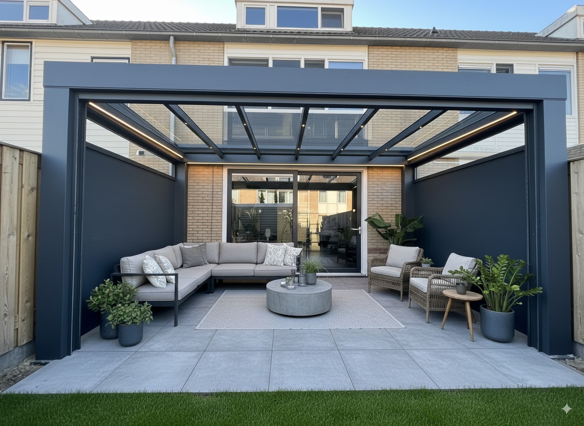 Modern cube veranda with glass roof and outdoor furniture setup